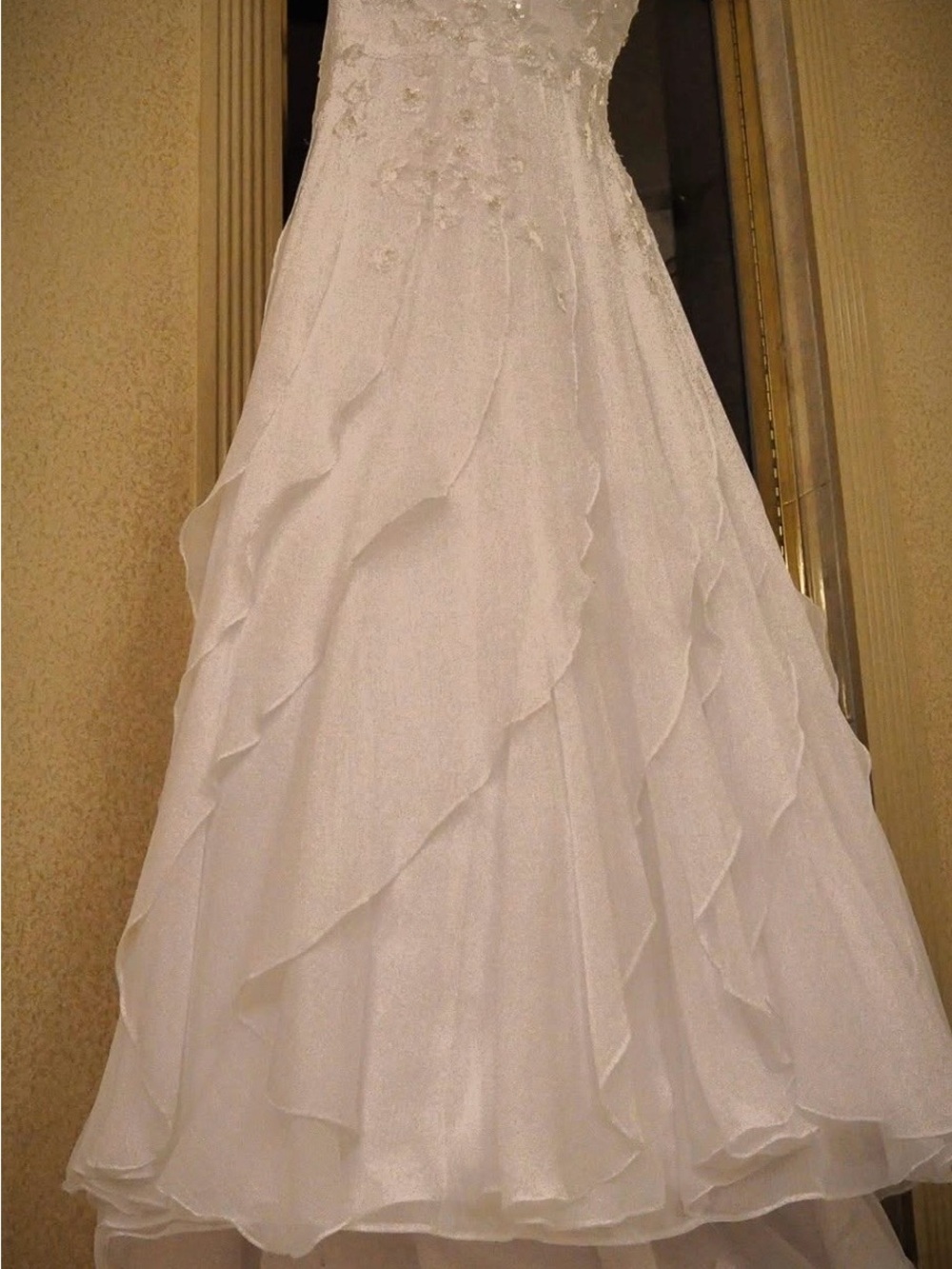 David's Bridal White Cascading Ruffle A-Line Wedding Dress